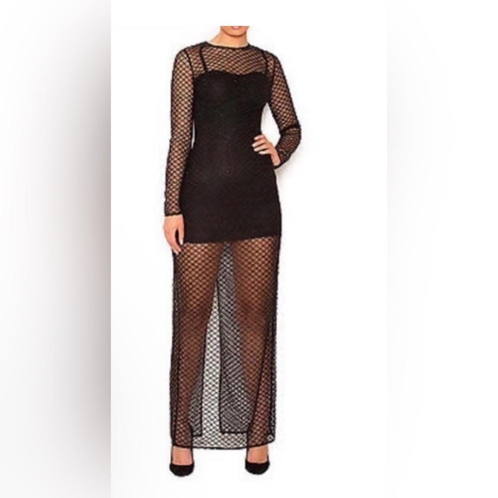 Black Long Sleeve Mesh Overlay Maxi Dress, brand new